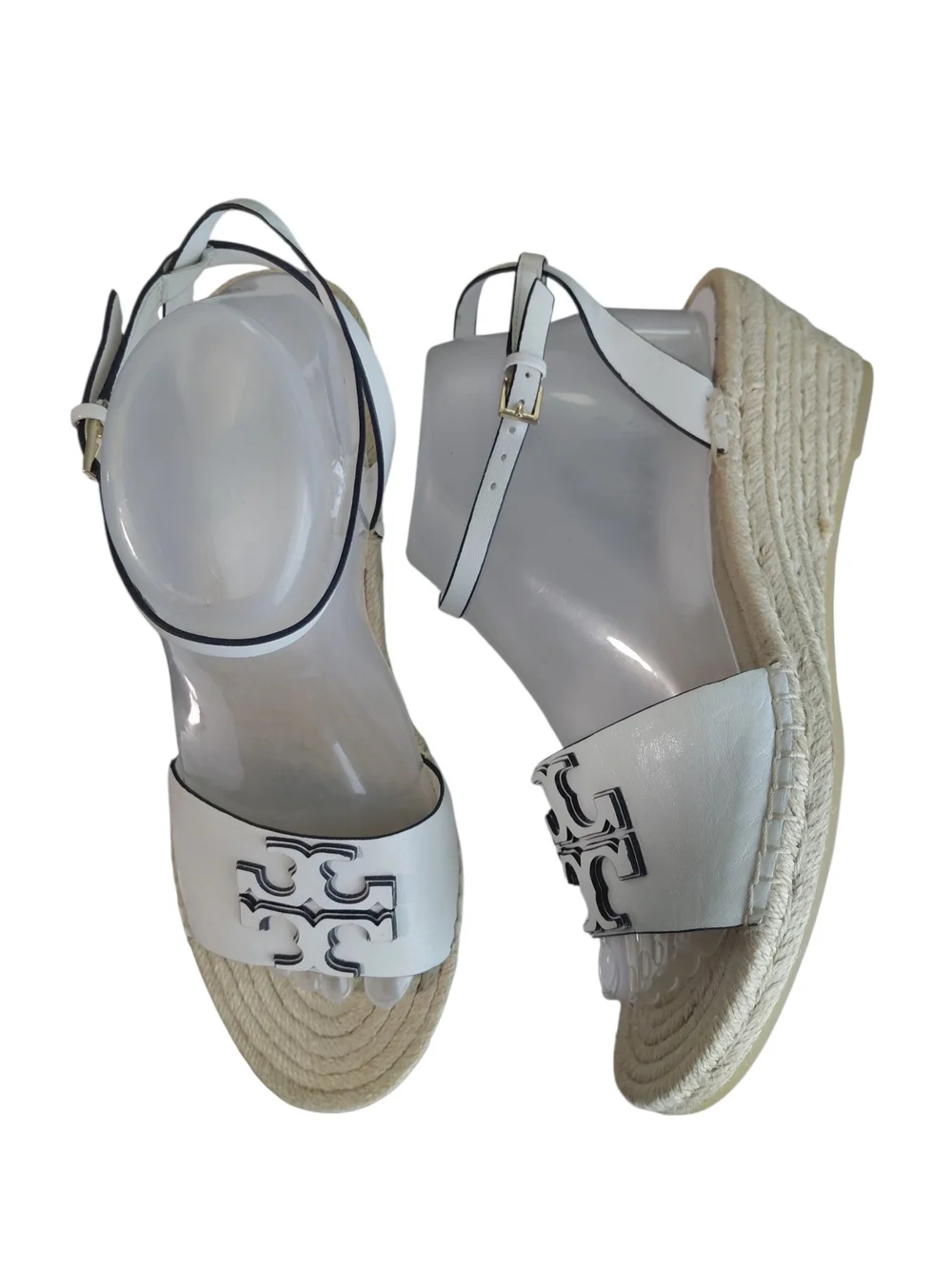 Tory Burch Ines White Leather Logo Espadrille Wedge Sandals Size 9.5